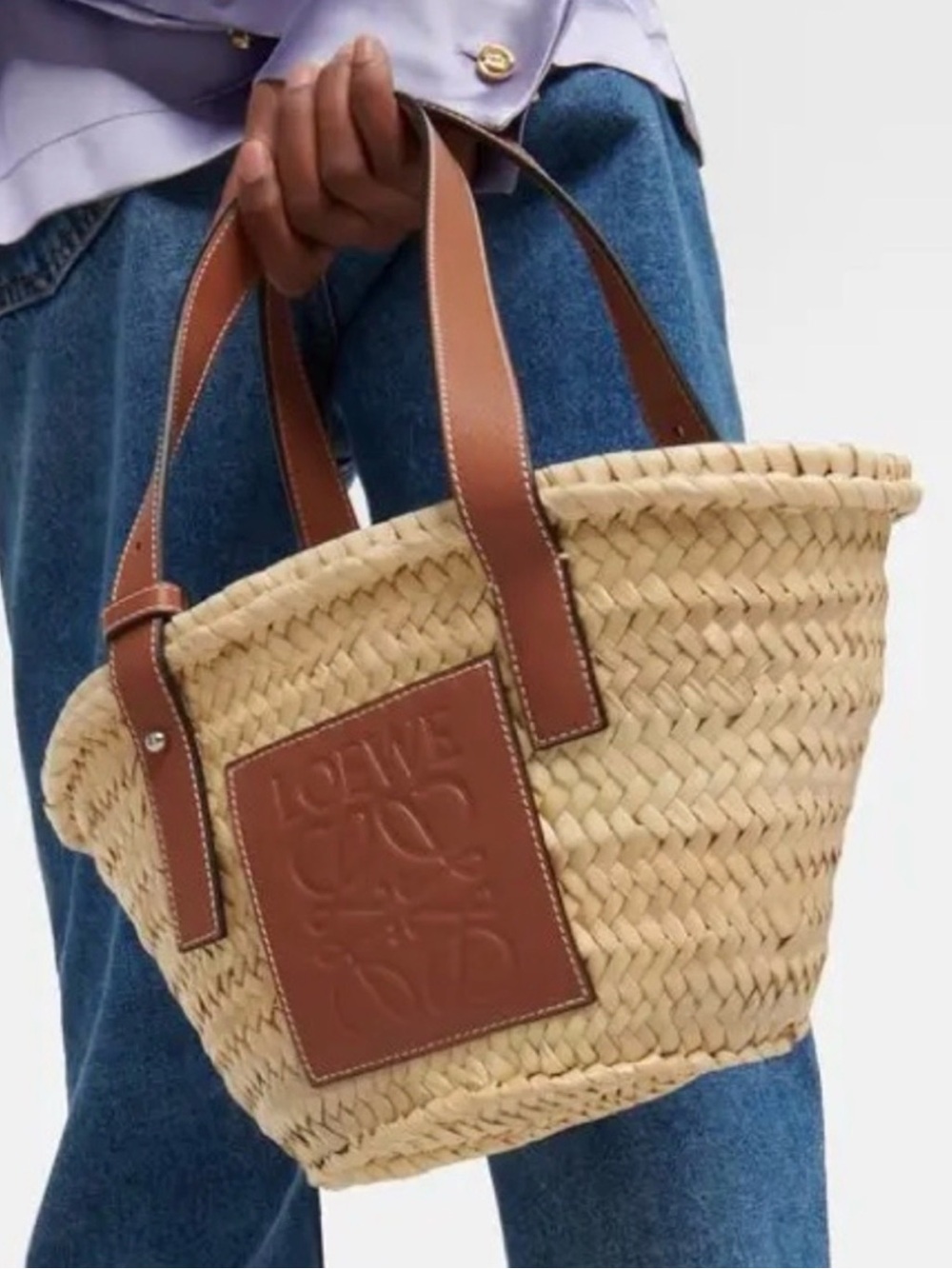 Loewe Natural Straw Basket Bag with Tan Leather Trim